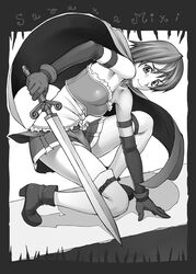  bang-you cape commentary_request elbow_gloves female gloves greyscale highres magical_girl mahou_shoujo_madoka_magica mahou_shoujo_madoka_magica_(anime) miki_sayaka miki_sayaka_(magical_girl) monochrome solo sword thighhighs weapon 