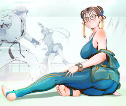  1boy 2girls alternate_costume ass barefoot battle bespectacled black-framed_eyewear bodysuit breasts brown_eyes brown_hair chun-li commentary_request double_bun dougi feet glasses hair_bun hair_ribbon kasugano_sakura large_breasts mixed_gender_duel multiple_girls off_shoulder photoshop_(medium) ribbon round_eyewear ryu_(street_fighter) school_uniform serafuku sitting sleeveless sleeveless_bodysuit soles solo_focus street_fighter street_fighter_zero_(series) studded_bracelet takemaru08 toeless_legwear toes vest 