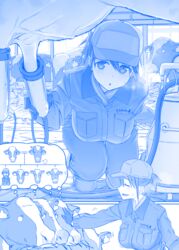  :d :o ^_^ baseball_cap blue bovine breasts breath closed_eyes commentary getsuyoubi_no_tawawa gloves hair_between_eyes hat himura_kiseki jumpsuit kneeling large_breasts milking_machine monochrome open_mouth parted_lips petting profile short_hair short_ponytail smile sweat thought_bubble udder 