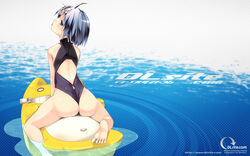  :p afloat ahoge ass back backless_outfit bare_legs barefoot blue_background blue_eyes blue_hair blush casual_one-piece_swimsuit clothes_writing dlsite.com elle_sweet eyelashes feet female from_behind gradient_background halftone halftone_background halterneck head_tilt highleg highleg_swimsuit highres inflatable_toy looking_at_viewer looking_back narrow_waist one-piece_swimsuit one-piece_thong profile refeia riding ripples short_hair soles solo spread_toes straddling swimsuit toes tongue tongue_out turtleneck water watermark web_address wedgie wet zipper 