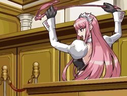  adapted_costume commentary_request cosplay courtroom crop_top crown fate/grand_order fate_(series) female franziska_von_karma_(cosplay) gyakuten_saiban juliet_sleeves karuma_mei long_hair long_sleeves medb_(fate) nekoyashiki_pushio parody pink_hair pixel_art puffy_sleeves riding_crop smile solo weapon_connection 