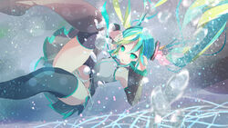  aqua_hair commentary_request detached_sleeves female floating_hair green_eyes gumo hatsune_miku highres long_hair necktie open_mouth panties photoshop_(medium) skirt solo striped_clothes striped_panties thighhighs torn_clothes torn_panties twintails underwater underwear vocaloid 