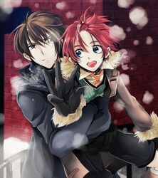  2boys :d ahoge bad_id bad_pixiv_id blue_eyes boots brown_eyes brown_hair coat frown gloves hair_ornament hairpin happy hug jude_maverick kresnik_ahtreide male_focus merii messy_hair multiple_boys necktie open_mouth red_background red_hair shirt shorts smile snow sweat wild_arms wild_arms_4 