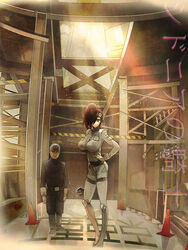  1boy bad_id bad_pixiv_id boots breasts brown_hair chromatic_aberration construction_site dust expressionless factory female gloves hair_over_one_eye hand_on_own_hip hard_hat headband helmet large_breasts light_rays looking_at_viewer pocket ponytail sasaki_(sidonia_no_kishi) science_fiction sidonia_no_kishi standing sunbeam sunlight traffic_cone uniform wrench yoh_irie 