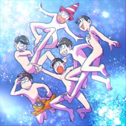  6+boys :3 bad_id bad_twitter_id black_hair brothers chromatic_aberration convenient_censoring convenient_leg covering_chest covering_privates crossed_arms doronken_1234 esper_nyanko feline floating heart heart_in_mouth jitome looking_away male_focus matsuno_choromatsu matsuno_ichimatsu matsuno_jyushimatsu matsuno_karamatsu matsuno_osomatsu matsuno_todomatsu messy_hair multiple_boys nude object_on_head osomatsu-kun osomatsu-san osomatsu_(series) pointing sextuplets siblings smile space traffic_cone traffic_cone_on_head zenryoku_batankyuu 