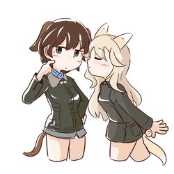  2girls animal_ears aqua_eyes blonde_hair blush bomber_jacket bottomless brown_hair buttons closed_eyes commentary_request dog_ears dog_girl dog_tail fox_ears fox_girl fox_tail heart honda_takashi_(enorea) imminent_kiss jacket leaning leaning_forward long_hair long_sleeves looking_away military military_uniform multiple_girls ottilie_kittel partial_commentary short_hair simple_background tail uniform waltraud_nowotny white_background world_witches_series yuri 