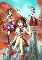  3girls :d animal_ears bad_id bad_pixiv_id bird blue_sky brown_eyes brown_hair camera cellphone checkered_clothes checkered_skirt crossed_legs crow day geta grey_hair hat himekaidou_hatate inubashiri_momiji leaf maple_leaf multiple_girls oerba_yun_fang open_mouth phone shameimaru_aya shield short_hair sigina sitting skirt sky smile standing standing_on_one_leg sword tengu-geta tokin_hat touhou twintails weapon white_hair wolf_ears 