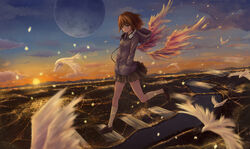  bird brown_eyes brown_hair city city_lights cloud commentary_request female full_body hands_in_pockets headphones headphones_around_neck highres hood hood_down hoodie leg_up looking_at_viewer moon original photoshop_(medium) river short_hair skirt sky smile solo standing standing_on_one_leg sun twilight willgoon wings 