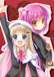  2girls :d arm_up bag bat_hair_ornament black_jacket blonde_hair blue_eyes blush bow brown_eyes cape commentary_request futaki_kanata hair_ornament hat jacket little_busters! little_busters!_school_uniform long_hair long_sleeves multiple_girls nakada_rumi noumi_kudryavka oerba_yun_fang open_mouth paper_bag pink_bow purple_hair school_uniform side_ponytail smile thighhighs waving 