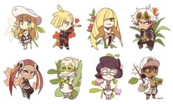  4boys 4girls arm_tattoo artist_name bag baseball_cap beans black_hair blonde_hair braid chibi commentary dark_skin eyewear_on_head faba_(pokemon) flower gladiolus gladion_(pokemon) glasses gloves goggles green_eyes green_hair guzma_(pokemon) hat korean_commentary kukui_(pokemon) lillie_(pokemon) lily_(flower) lusamine_(pokemon) multiple_boys multiple_girls name_connection object_namesake pink-framed_eyewear pink_hair plumeria plumeria_(pokemon) poke_ball pokemon pokemon_sm pubic_tattoo quad_tails ssalbulre stomach_tattoo sun_hat sunglasses tattoo team_skull white_hair wicke_(pokemon) yellow_eyes 