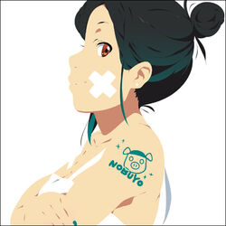  crossed_arms extra female hair_bun k-on! lowres mizuki_makoto nakajima_nobuyo photoshop_(medium) pig pig_tattoo shoulder_tattoo single_hair_bun solo tattoo 