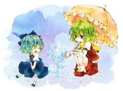  2girls ascot bad_id bad_pixiv_id blue_hair blush bow cirno closed_eyes dress fairy flower green_hair ice_flower kazami_yuuka koura_higure lolicon multiple_girls parasol red_eyes scarf short_hair skirt skirt_set smile squatting star_(symbol) sunflower touhou umbrella vest wings 