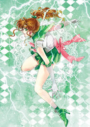  argyle_background back_bow bare_legs bishoujo_senshi_sailor_moon boots bow brown_hair choker commentary_request earrings elbow_gloves electricity electrokinesis female full_body gloves green_background green_eyes green_footwear green_sailor_collar green_skirt hair_bobbles hair_ornament high_ponytail jewelry kino_makoto magical_girl photoshop_(medium) pink_bow ponytail ribbon sailor_collar sailor_jupiter sailor_senshi_uniform shoes short_hair skirt smile solo super_sailor_jupiter tiara tsuna2727 white_gloves 