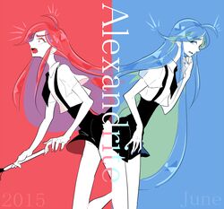  2others alexandrite_(houseki_no_kuni) androgynous black_necktie blue_eyes blue_hair cojima commentary_request dated dual_persona gem_uniform_(houseki_no_kuni) houseki_no_kuni long_hair multiple_others nail_polish necktie other_focus red_eyes red_hair shirt short_sleeves shorts suspender_shorts suspenders white_shirt 