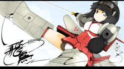  aiming aiming_at_viewer asuka_(busou_shinki) black_hair blue_eyes busou_shinki commentary_request female goggles gun highres japanese_clothes letterboxed mecha_musume momo_(higanbana_and_girl) panties shell_casing short_hair solo sword underwear weapon 