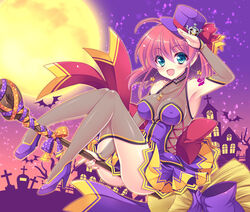  :d alice_wishheart alternate_costume aqua_eyes arm_warmers armpits bow broom broom_riding commentary_request female full_body full_moon hat hat_bow magical_halloween moon open_mouth pink_hair purple_background purple_footwear purple_hat red_bow see-through see-through_legwear shoes short_hair skirt smile solo sparkle thighhighs tokinon top_hat 