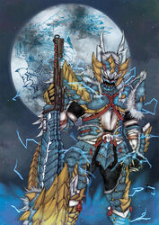  1boy armor ato_(ato-k) blue_eyes commentary_request electricity full_armor full_moon gauntlets highres lightning male_focus monster_hunter_(character) monster_hunter_(series) monster_hunter_portable_3rd moon night photoshop_(medium) sky switch_axe weapon zinogre zinogre_(armor) 