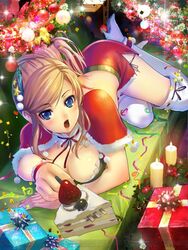  blue_eyes boots box breasts brown_hair cake cleavage female food gift gift_box large_breasts long_hair looking_at_viewer lying momose_hisashi on_stomach open_mouth ramona_linton red_ribbon red_skirt ribbon santa_costume senjou_no_valkyria_(series) senjou_no_valkyria_1 skirt solo thigh_boots thighhighs white_footwear 