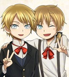  2boys blonde_hair blue_eyes blush bow bowtie brothers chloe_no_requiem commentary_request formal michel_d&#039;alembert multiple_boys one_eye_closed open_mouth pierre_d&#039;alembert ponytail short_hair siblings smile suit suspenders traditional_bowtie twins v xxx_(0nly) 