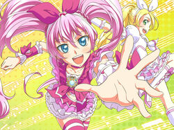  2girls :d beamed_eighth_notes blonde_hair blue_eyes blush bow brooch commentary_request cure_melody cure_rhythm dress earrings eyelashes green_eyes heart houjou_hibiki jewelry long_hair magical_girl md5_mismatch midriff minamino_kanade multiple_girls musical_note nishiwaki open_mouth pink_bow pink_hair pink_wrist_cuffs precure skirt smile staff_(music) suite_precure thighhighs twintails very_long_hair wrist_cuffs yellow_background 