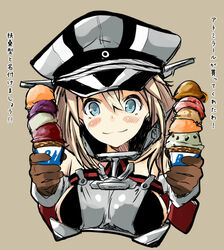  bismarck_(kancolle) blonde_hair blue_eyes breasts brown_background commentary_request female food gloves hat ice_cream ice_cream_cone iwasaki_takashi kantai_collection long_hair medium_breasts peaked_cap quadruple_scoop solo too_many too_many_scoops translation_request upper_body 