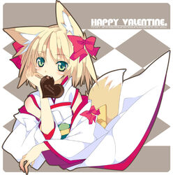  animal_ears blonde_hair chocolate commentary_request female fox_ears fox_tail green_eyes heart original photoshop_(medium) shirokitsune shiroro solo tail valentine 