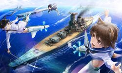  3girls aircraft aircraft_carrier aircraft_catapult animal_ear_fluff animal_ears anti-aircraft_gun battleship black_eyes black_hair black_neckerchief black_shirt blue_one-piece_swimsuit blue_sailor_collar blue_sky brown_eyes brown_hair buttons cannon chains cloud cloudy_sky commentary_request contrail day dog_ears dog_girl dog_tail dress extra_ears eyepatch flight_deck flying fourragere hattori_shizuka highres holding holding_sword holding_weapon horizon katana kikumon lif_(lif_&amp;_ref) long_sleeves looking_at_another looking_back military military_uniform military_vehicle miyafuji_yoshika multiple_girls mutsu_(battleship) nagato_(battleship) neckerchief no_pants ocean one-piece_swimsuit outdoors ponytail propeller radar railing sailor_collar sailor_dress sakamoto_mio sandbag school_swimsuit ship shirt sky smoke_trail smokestack souryuu_(aircraft_carrier) spotlight strike_witches striker_unit swimsuit swimsuit_under_clothes sword tail turret uniform warship watercraft waves weapon white_dress white_shirt white_uniform world_witches_series yamato_(battleship) yellow_eyes 