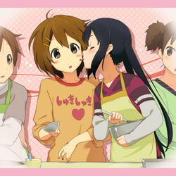  4girls :o apron black_hair blush blush_stickers brown_eyes brown_hair closed_eyes commentary_request cooking hair_ornament hairclip hirasawa_ui hirasawa_yui k-on! kanna_asuke licking long_hair measuring_cup mixing_bowl multiple_girls nakano_azusa short_hair suzuki_jun twintails whisk yuri 