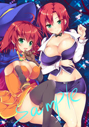  2girls ahoge alice_wishheart bad_id bad_pixiv_id black_bow black_legwear blue_hat bow bowtie breasts brown_gloves cape cleavage crop_top crossover earrings elbow_gloves gloves green_eyes hat hinata_momo jewelry large_breasts look-alike looking_at_viewer magical_halloween miniskirt multiple_girls orange_skirt panties red_hair rio_-rainbow_gate!- rio_rollins sample_watermark short_hair skirt super_blackjack thighhighs underwear watermark white_panties witch_hat yellow_bow 