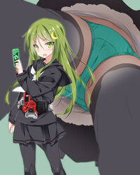  belt black_serafuku black_skirt blush cameltoe card commentary_request crescent crescent_hair_ornament crotch_seam female from_below gaia_memory green_eyes green_hair green_panties hair_ornament highres holding holding_card kamen_rider kamen_rider_w kantai_collection long_hair long_sleeves looking_at_viewer lost_driver mtu_(orewamuzituda) multiple_views nagatsuki_(kancolle) neckerchief open_mouth panties pantyshot photoshop_(medium) pleated_skirt rider_belt school_uniform serafuku skirt thighhighs underwear upskirt white_neckerchief 