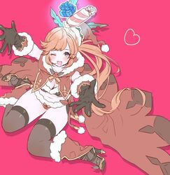  bikini brown_hair christmas clarisse_(granblue_fantasy) cloak commentary_request female fur_trim gloves granblue_fantasy hat high_heels hood hooded_cloak koza_game long_hair one_eye_closed outstretched_arms ponytail protected_link santa_bikini santa_hat solo swimsuit thighhighs 