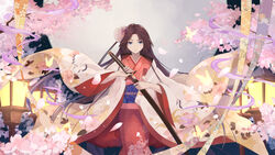  animal_print bird bird_print blue_eyes brown_hair bzerox cherry_blossoms chrysanthemum_print closed_mouth commentary_request crane_(animal) dahlia female floral_print flower hair_flower hair_ornament highres holding holding_sword holding_weapon japanese_clothes kara_no_kyoukai katana kimono long_sleeves looking_at_viewer obi red-crowned_crane red_kimono ryougi_shiki ryougi_shiki_(third_ascension) sash sheath solo standing sword unsheathing weapon wide_sleeves 