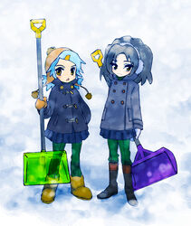  2girls 557kaktte blue_hair coat commentary_request highres kamigusa_shizuru mishima_ruki multiple_girls photoshop_(medium) radirgy short_hair shovel snow snow_shovel 