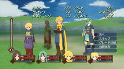  4boys ahoge armor artist_request artistic_error belt cape crossed_arms felix_(golden_sun) gameplay_mechanics golden_sun headband heads-up_display isaac_(golden_sun) ivan_(golden_sun) male_focus multiple_boys parody piers_(golden_sun) scarf smile style_parody tales_of_(series) tales_of_vesperia translated victory 