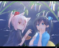  2girls :&lt; animal_ears blue_eyes blue_kimono blue_sweater closed_mouth commentary_request eating feeding food frown hair_between_eyes hair_ornament hairclip holding japanese_clothes kimono letterboxed looking_at_viewer multiple_girls night night_sky obi one_side_up original outdoors pink_hair ponytail purple_hair red_eyes ribbed_sweater sash short_hair short_sleeves siblings signature sisters sky sleeves_rolled_up smile suzunari_arare suzunari_shizuku sweater takoyaki yukata yuki_arare 