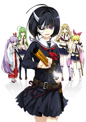  5girls ahoge beads bear bell belt black_hair black_serafuku blonde_hair blue_eyes boots bow braid busou_shoujo_machiavellism cape commentary_request drawing_sword gloves green_hair hair_ribbon hairbow hanasaka_warabi holding holding_sword holding_weapon inaba_tsukuyo japanese_clothes kanzaki_karuna kikakujou_mary knee_boots kneehighs long_hair looking_at_viewer mask miko multiple_girls necktie official_art onigawara_rin photoshop_(medium) prayer_beads purple_eyes purple_hair red_eyes ribbon school_uniform serafuku shadow sheath sheathed short_hair simple_background socks sword tamaba_satori thighhighs twintails unsheathing weapon wooden_sword yellow_eyes 