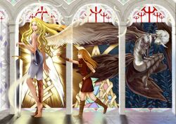  3girls absurdres awakened_being_(claymore) barefoot blonde_hair boots clare_(claymore) claws claymore_(series) commentary_request highres horns long_hair monster multiple_girls priscilla_(claymore) single_horn sword teresa_(claymore) tianmi_de_siwang_ba weapon wings yellow_eyes 