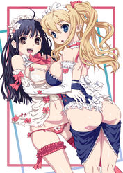  2girls bare_shoulders black_hair blonde_hair blue_eyes blush breasts commentary_request gloves hirose_(mokiki) large_breasts long_hair multiple_girls open_mouth original panties red_eyes red_panties side-tie_panties underwear white_gloves 