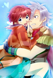  2boys ahoge aqua_background bad_id bad_pixiv_id blue_eyes coat fringe_trim gloves green_shorts grimace heart hug in-franchise_crossover jet_enduro jude_maverick male_focus merii multiple_boys purple_eyes red_hair scarf shorts simple_background smile spiked_hair tongue white_hair wild_arms wild_arms_3 wild_arms_4 