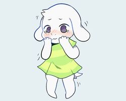  5:4 anthro asriel_dreemurr blush bodily_fluids boss_monster_(undertale) bovid caprine clothed clothing conditional_dnp crossdressing crybleat dress long_ears male mammal simple_background solo tears undertale undertale_(series) 