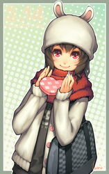  animal_ears bag black_hair blue_nails border box brown_hair casual coat commentary_request female gift hat heart heart-shaped_box holding holding_gift lvans nail_polish nanasaki_aki original pink_eyes rabbit_ears red_eyes red_scarf scarf smile solo valentine 