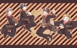  4boys aged_down animification bad_id bad_pixiv_id bag black_hair blonde_hair brown_hair character_name glasses gryffindor harry_potter_(series) highres hogwarts_school_uniform james_potter jumping male_focus multiple_boys necktie paper_bag peter_pettigrew remus_john_lupin school_uniform shinoko sirius_black wand wizarding_world 