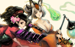  2girls animal_ears armor black_hair breasts cleavage collarbone comb flower fox_ears hair_flower hair_ornament highres hitodama izuna_jinkuro japanese_armor japanese_clothes jay_phenrix katana kimono kongiku lantern large_breasts leaf leaf_on_head long_hair momohime multiple_girls oboro_muramasa orange_eyes paper_lantern photoshop_(medium) ponytail shoulder_armor silver_hair sode sword text_focus weapon 