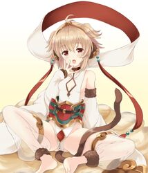  andira_(granblue_fantasy) animal_ears bare_shoulders barefoot blonde_hair blush breasts cloud commentary_request detached_leggings detached_sleeves erune feet female flying_nimbus granblue_fantasy looking_at_viewer monkey_ears monkey_tail open_mouth red_eyes see-through short_hair sideboob simple_background sitting small_breasts soles solo souryuu_(double_dragon) staff tail tears toes yawning 