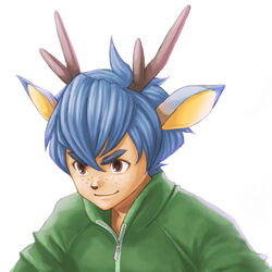  1boy 634 animal_crossing animal_ears antlers bam_(animal_crossing) blue_hair brown_eyes commentary_request deer_ears freckles graphite_(medium) horns humanization lowres male_focus photoshop_(medium) portrait simple_background solo traditional_media white_background 