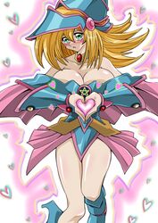  blush blush_stickers breasts choker cleavage commentary_request dark_magician_girl female hat heart heart_hands heart_in_heart_hands large_breasts open_mouth partial_commentary solo straw_(yokubou_hiroba) yu-gi-oh! 