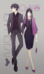  1boy alternate_costume artist_name bag black_dress black_footwear black_hair black_jacket black_pants black_shirt bracelet buttons canto character_name closed_mouth collarbone collared_shirt commentary_request dress dress_shirt earrings female formal frown full_body grey_background half-closed_eyes hand_on_another&#039;s_arm handbag hands_in_pockets high_heels highres holding holding_bag ichiko_(osomatsu-san) jacket jacket_on_shoulders jewelry long_hair long_sleeves looking_at_viewer looking_away matsuno_ichimatsu messy_hair multicolored_hair nail_polish necklace osomatsu-kun osomatsu-san osomatsu_(series) pants photoshop_(medium) purple_eyes purple_footwear purple_hair purple_jacket purple_nails sash shirt shoes standing striped_clothes striped_shirt suit swept_bangs two-tone_hair vest 