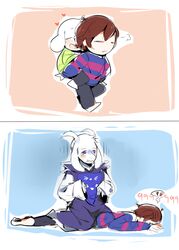  ambiguous_gender anthro asriel_dreemurr bodily_fluids boss_monster_(undertale) bovid broken_heart caprine carrying_another clothed clothing conditional_dnp crybleat crying duo frisk_(undertale) heart_symbol hi_res horn human jumper long_ears male mammal piggyback robe simple_background tears undertale undertale_(series) 