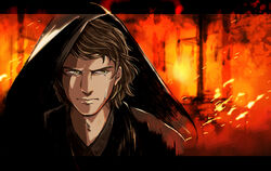  1boy anakin_skywalker animification brown_hair chino_umi cloak commentary_request darth_vader hood male_focus mustafar photoshop_(medium) scar solo star_wars star_wars:_revenge_of_the_sith yellow_eyes 