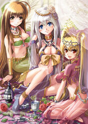  3girls anklet arabian_clothes bandeau blonde_hair blue_eyes blush breasts brown_eyes brown_hair chalice cleavage commentary_request crop_top cup curtains flower hair_flower hair_ornament hexagram hookah jewelry large_breasts long_hair looking_back midriff multiple_girls navel necklace o-ring o-ring_top original red_eyes red_flower red_rose rose see-through sitting smile twintails very_long_hair white_hair yuu_(yuyukaikan) 